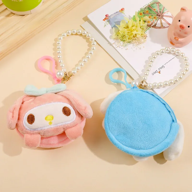 Sanurgente-Porte-monnaie en peluche Anime My Melody Hello Kitty, sac pour carte d'identité, lanière perlée, sac à monnaie pour fille, cadeau d'anniversaire Kawaii Coussins