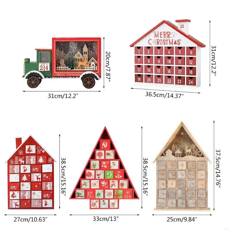A0KC Christmas Wooden Advent Calendar House with Storage Drawers LED Lighted Countdown Number Ornament Holiday Home Decor view 6