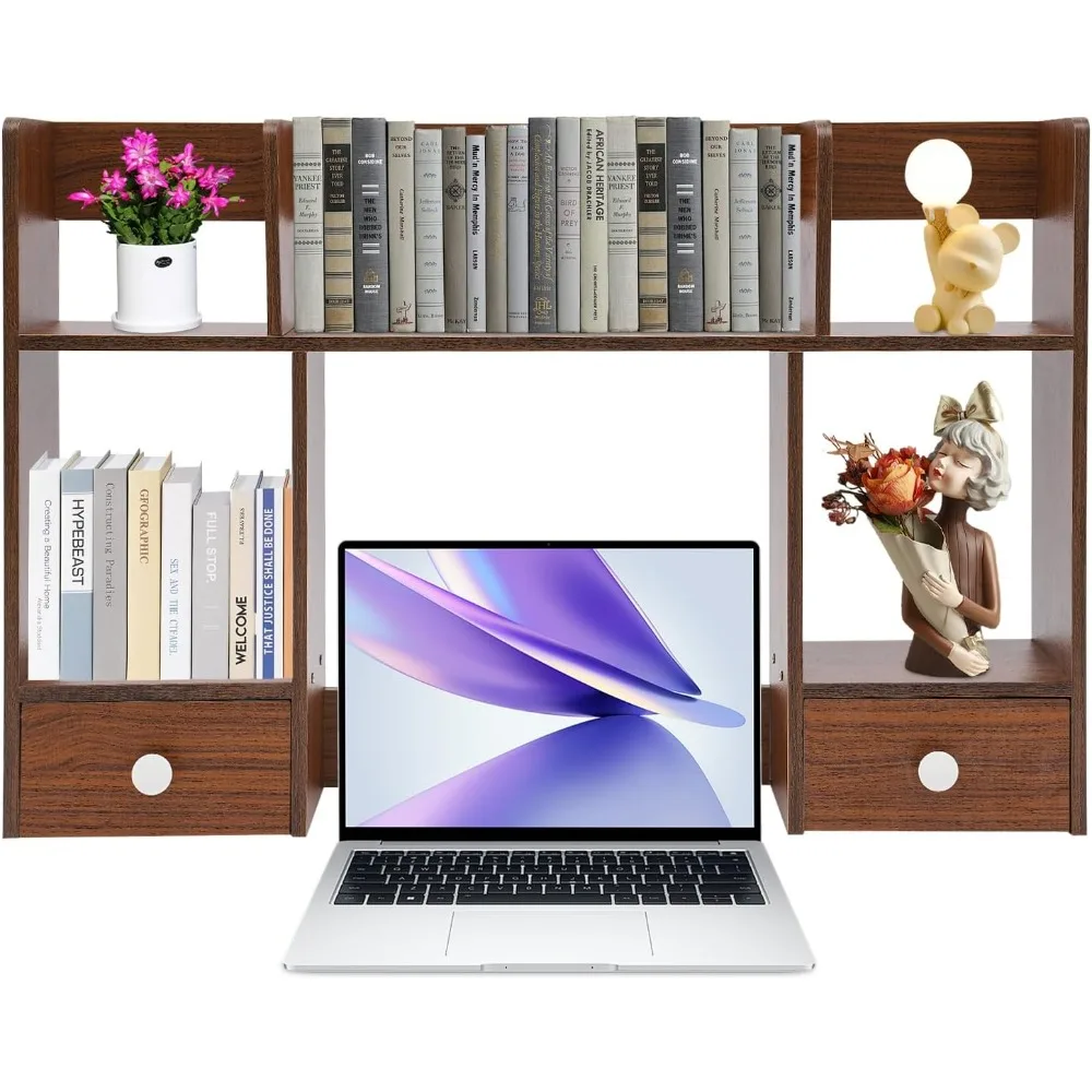 Desktop Bookshelf 2-Tier High-Capacity Desk Hutch Organizer w/2 Drawers Desk Hutch for Monitor Home Office Desktop Shelf Stand