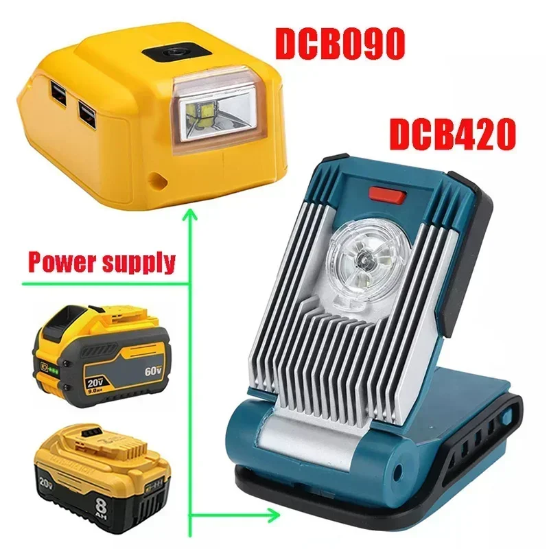 DCB090 Adapter LED Light Working Lamp USB Mobile Phone Charger DC 12V For Dewalt 14.4V 18V Li-ion Battery DCB140 DCB183 DCB203