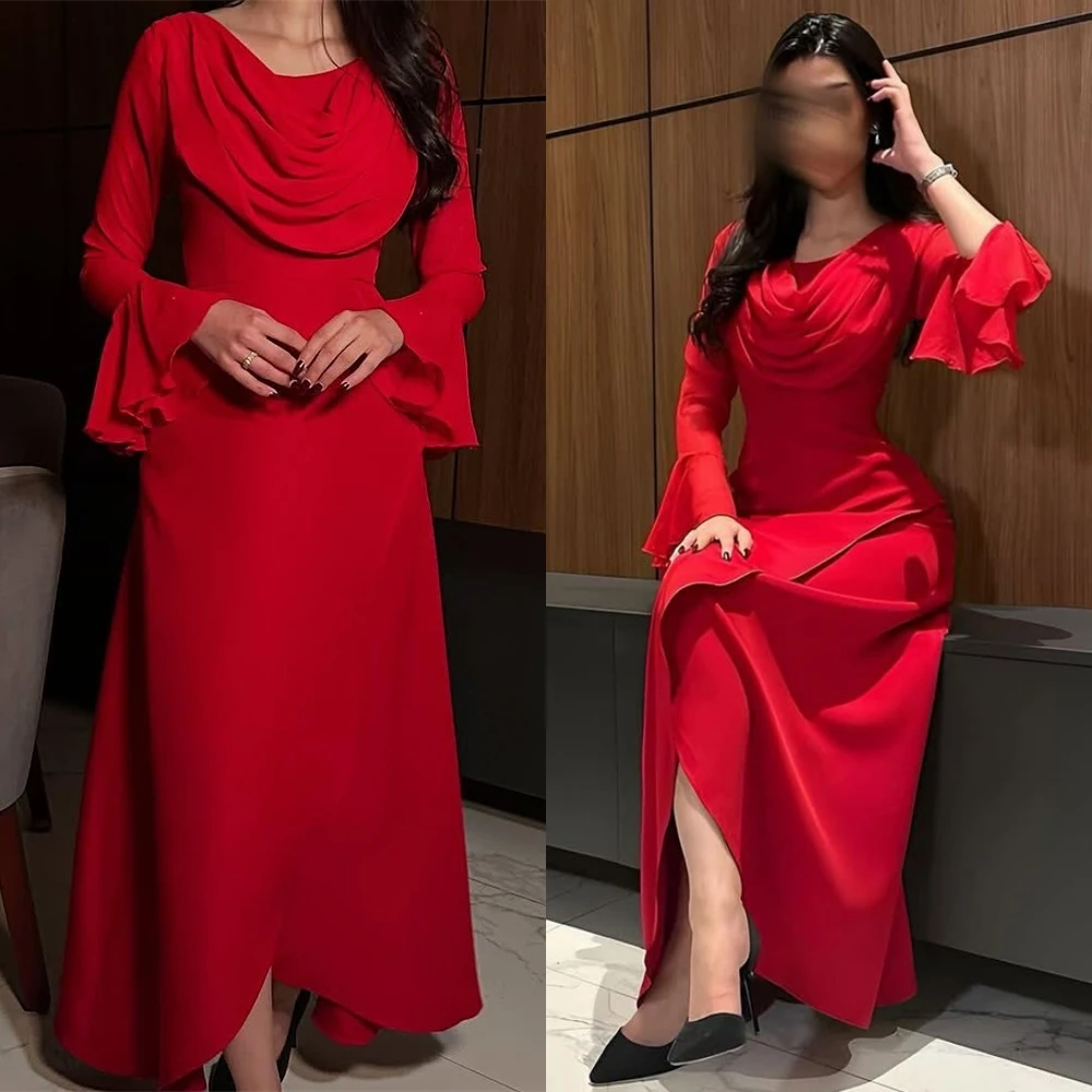 فستان سهرة كلاسيكي بأكمام طويلة من الجيرسيه باللون الأحمر مخصص بسيط على شكل حرف a بطول الكاحل فساتين رسمية للمشاهير بدون حمالات