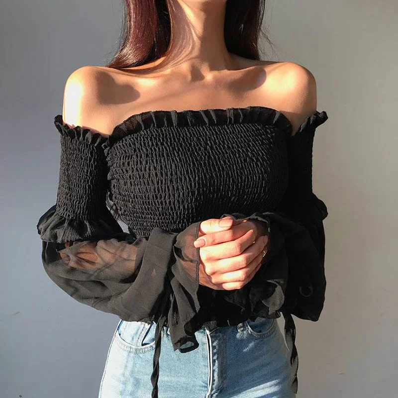 Summer Sexy Off Shoulder Blouse Women Spring Puff Sleeve Pleated Lace Up Casual Shirt Woman Slim Solid Corset Tops Ladies Blouse