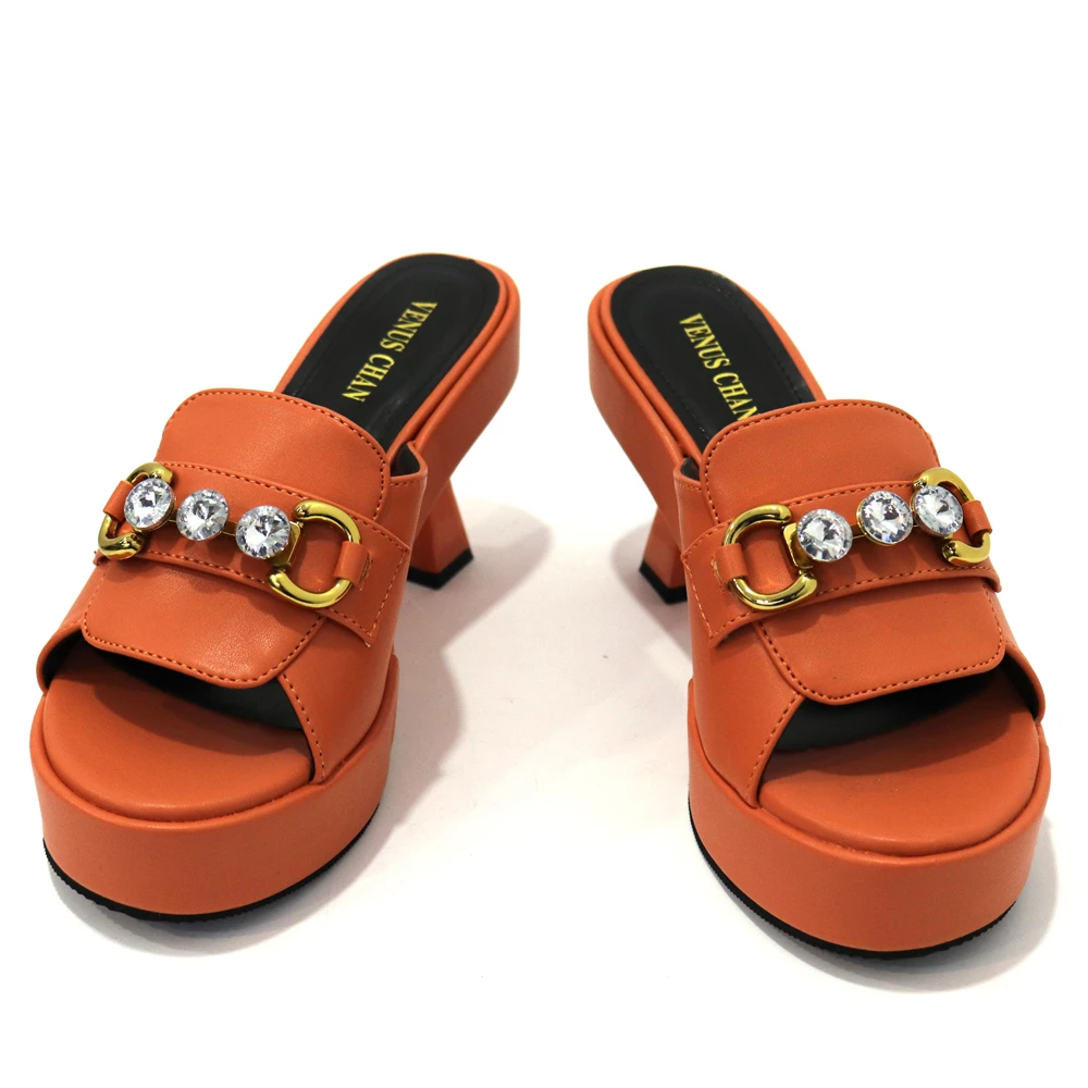 Venus Chan Platform Shoes Women Metal Decoration High Heel Open Toed Orange Color Italian Shoes and Bags Matching Set 2023