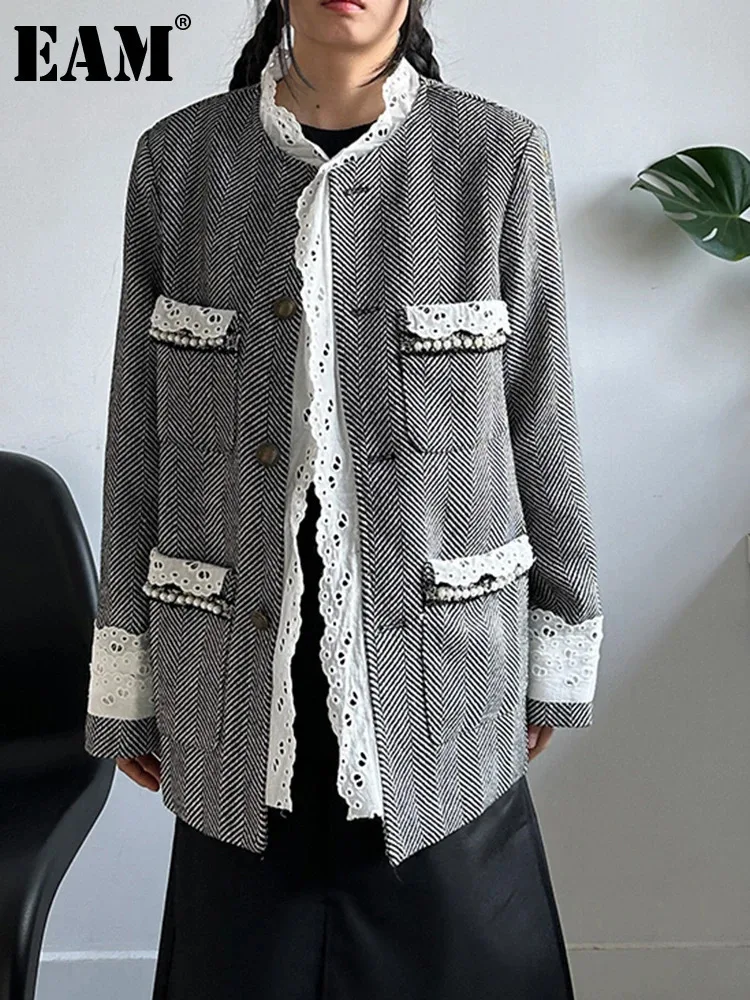 [EAM] Women Black Lace Elegant Vintage Big Size Blazer New Stand Collar Long Sleeve Jacket Fashion Spring Autumn 2024 1DH4867