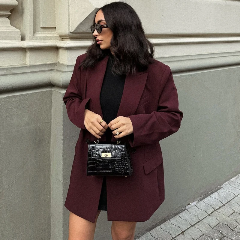 AzaleeKa Blazers Outerwear Office Wear Burgundy Long Blazer Women Formal Casual Blazer Woman Long Sleeve Business Ladies Blazers