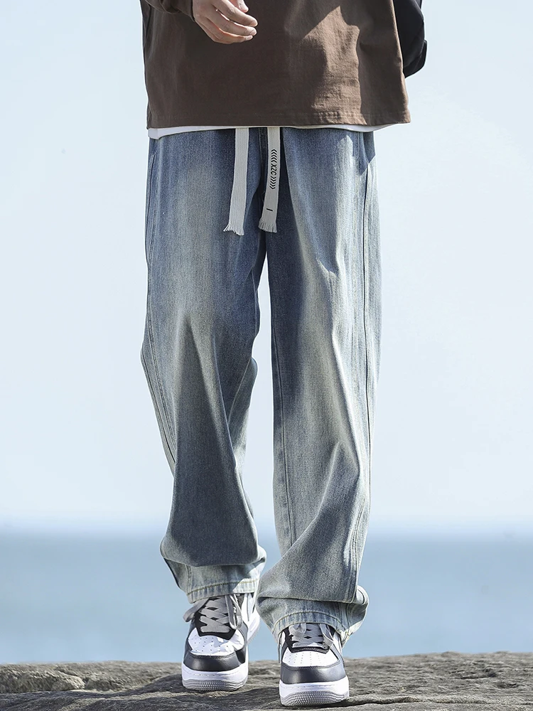 

Retro Men's Jeans Spring Autumn Loose Straight Leg Elastic Waist Wide Leg Long Pants Youthful Wear Resistant Cotton Denim