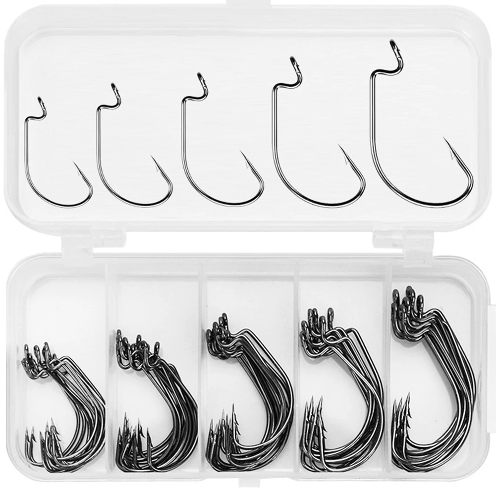 Pcs Offset Fishhook Bass Barbed Box Carp Fishing Carbon Steel Worm Hook Bass Barbed Crocheting Offset Fishhook