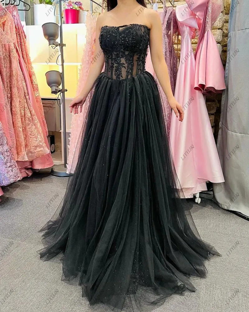 LIYYLHQ Black Prom Dresses Lace Appliques A-shaped Prom Dresses Tulle Princess Evening Graduation Party Dresses Formal Dress