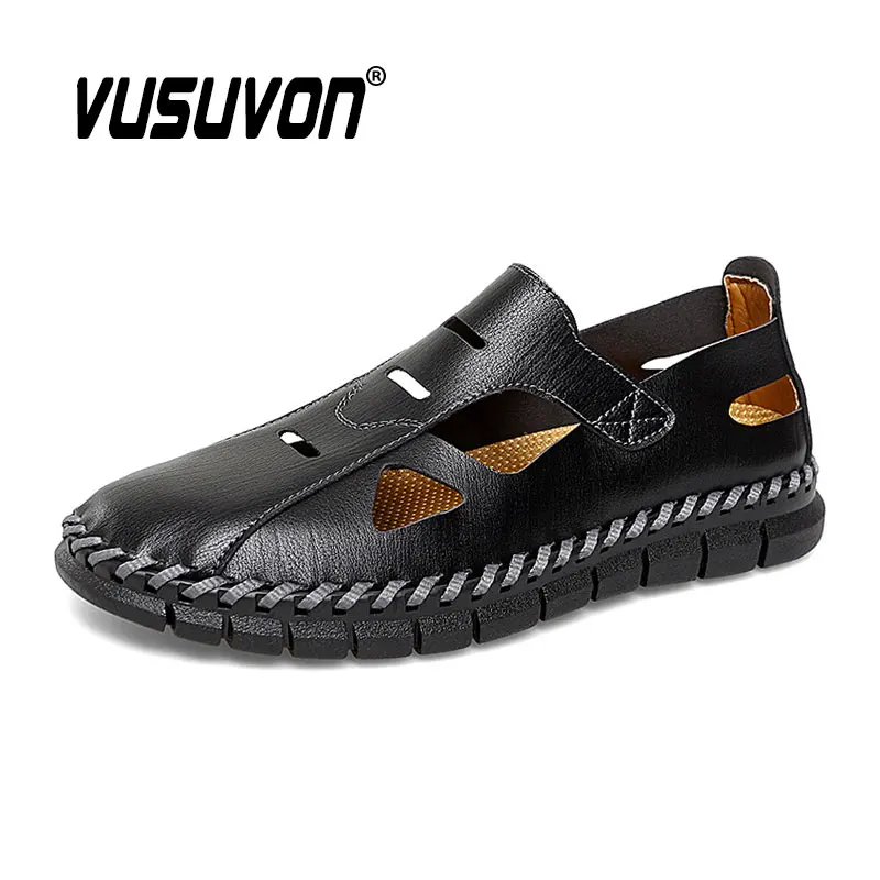 Men Sandals Fashion Summer Leisure Water Beach Black Shoes Split Leather Big Size 38-47 Clogs Flats Loafers