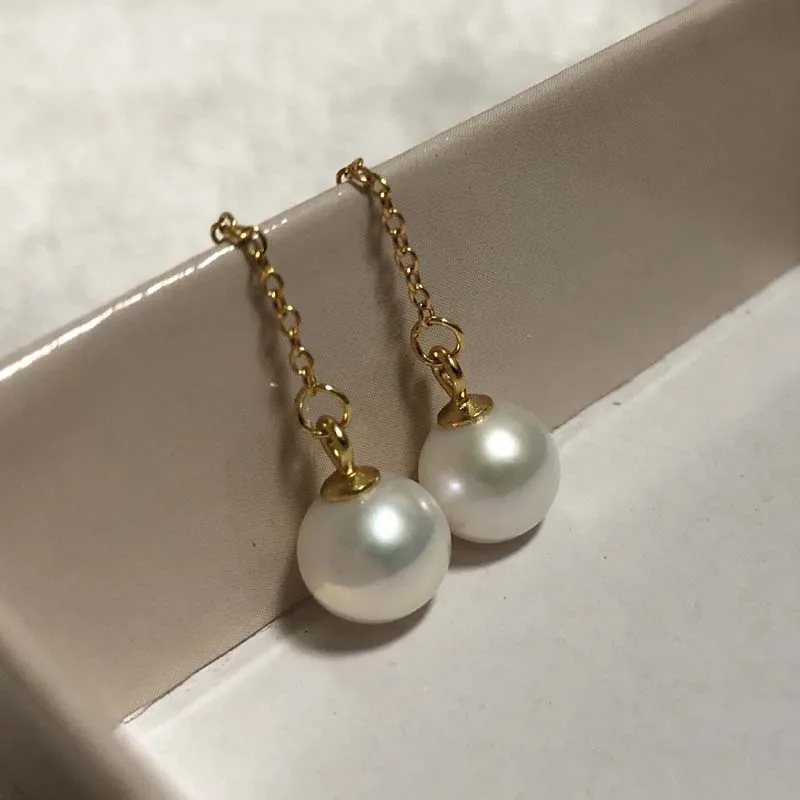 ELEISPL JEWELRY Lots 5 Pairs 7-8mm Round FW Pearl Dangle Earrings Gold Chain  #2300132－1