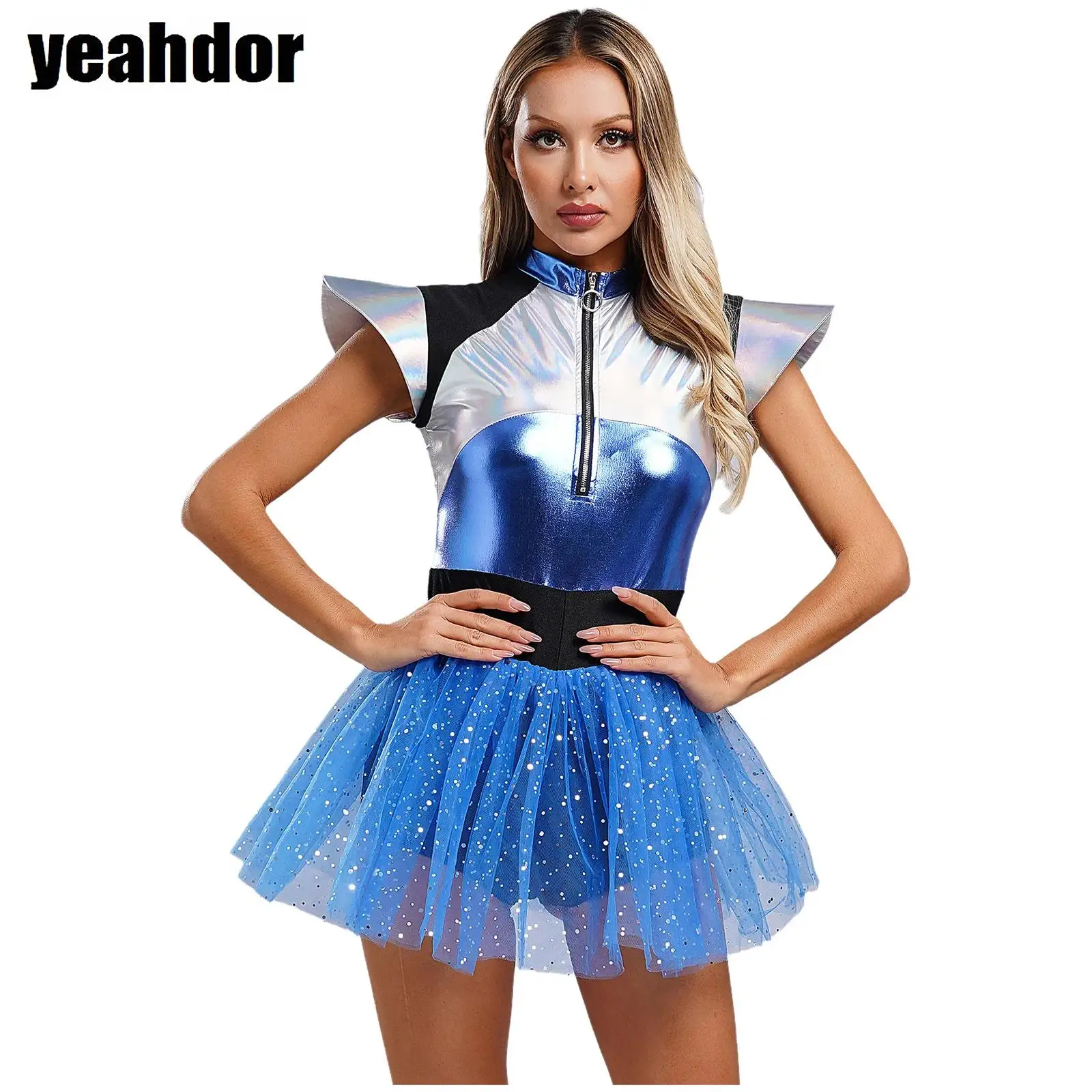 

Women Space Cadet Alien Astronaut Costume Fly Sleeve Sequined Tulle Skirt Shiny Metallic Jumpsuit Halloween Robot Cosplay Costum