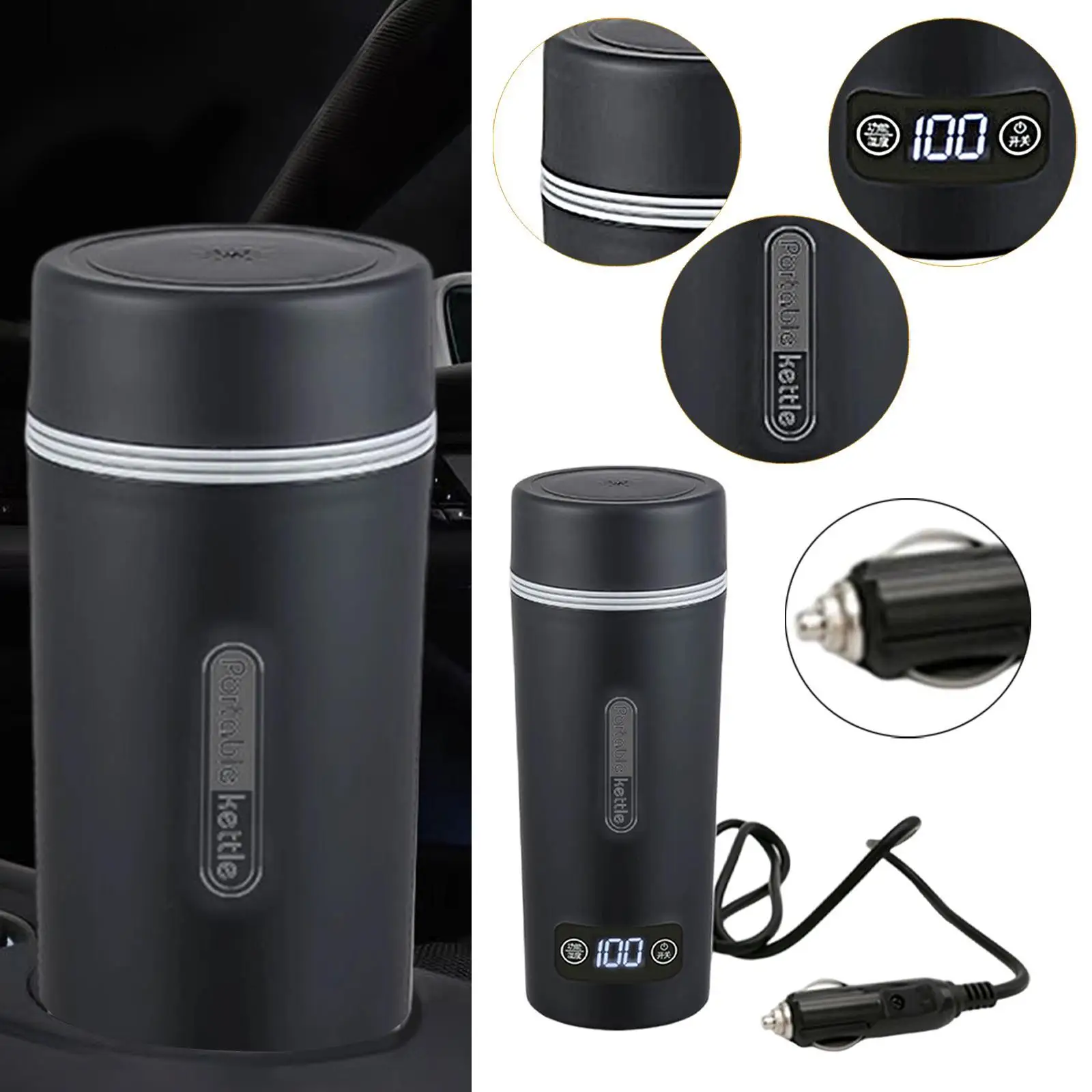 

Travel Car Heating Mug Stainless Steel Water Boiler Temperature Display Leakproof Cup for Road Trips Office Camping