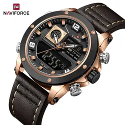 NAVIFORCE Men's Quartz Digital Watches 3ATM Waterproof Clock Leather Band Luminous Hands Dual Display Wristwatch reloj hombre