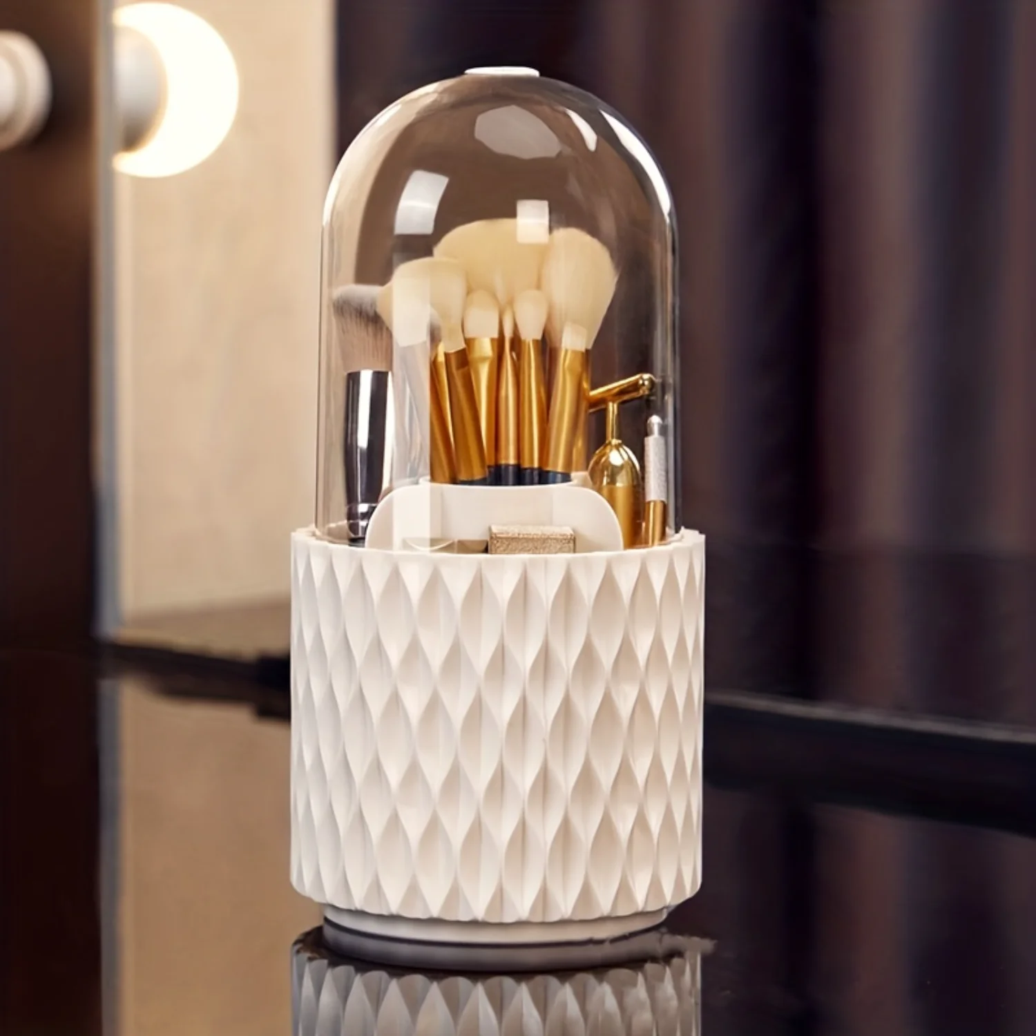 

360 Degree Rotating Makeup Brush Holder with Clear Acrylic Cover - Cosmetics Organizer for Vanity and Bathroom