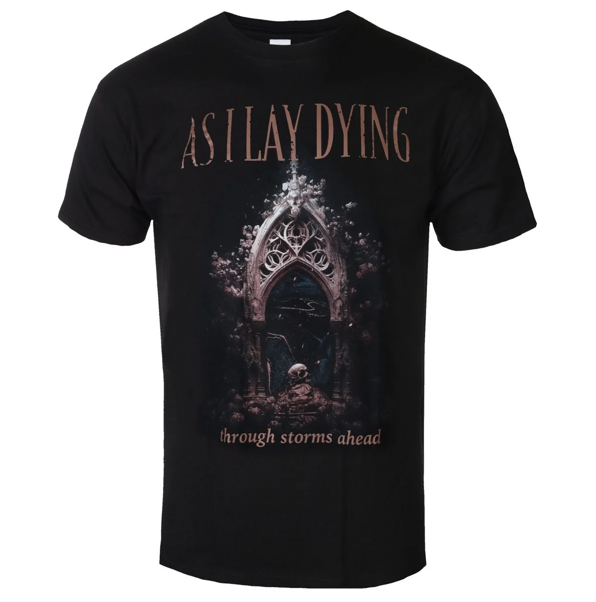 Gothic Arch Skull Dark Art Graphic Print with As I Lay Dying Band Name and Through Storms Ahead Slogan T Shirt