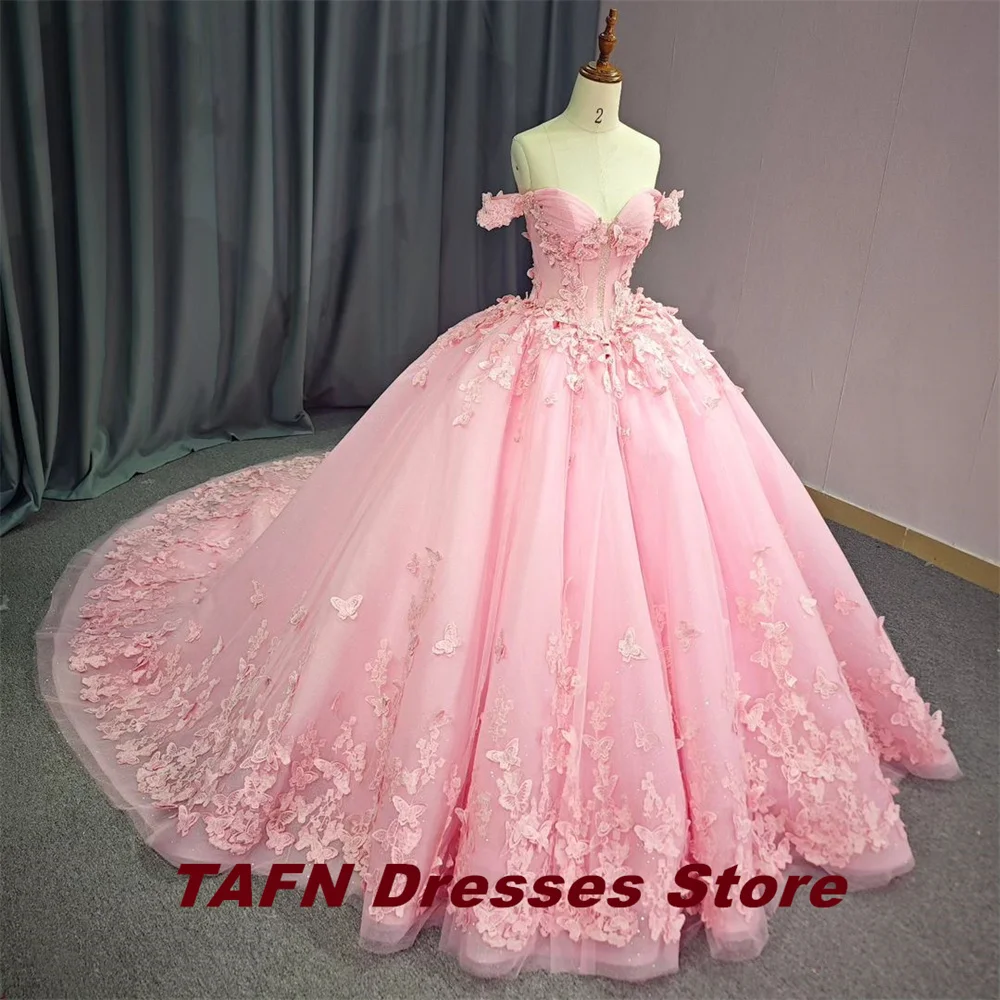 TAJoyPrincess-Robes de Quinceanera roses, appliques de papillon, robe de RhA-ligne, train de chapelle, robe à lacets, éducatif, 15