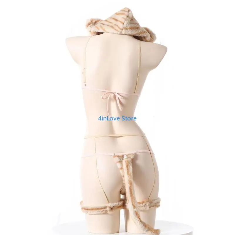 T4MD Ropa interior felpa dibujos animados, conjunto lencería Anime para mujer, disfraz oso, conjunto sujetador