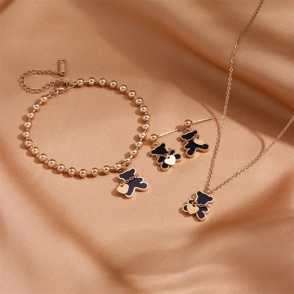 LOVE Golden Bear Necklace Earnail Set Women\'s Necklace Stainless Steel Jewelry Accessories Free Delivery to Your Door