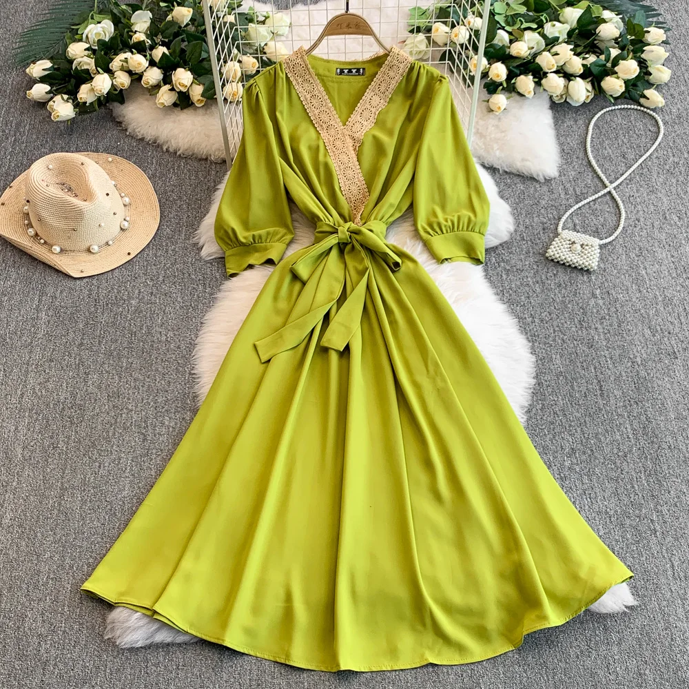 Vestido elegante y Sexy de satén con cordones y encaje, corte en A, para verano, playa, vacaciones, ajustado, vestido de fiesta de noche para mujer