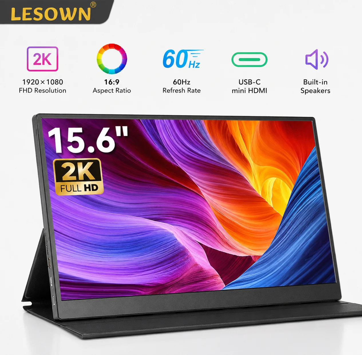 LESOWN 15.6 Inch Portable Display 16:9 Ratio 1080P Visuals Driver-free Desktop Extender for Remote Work
