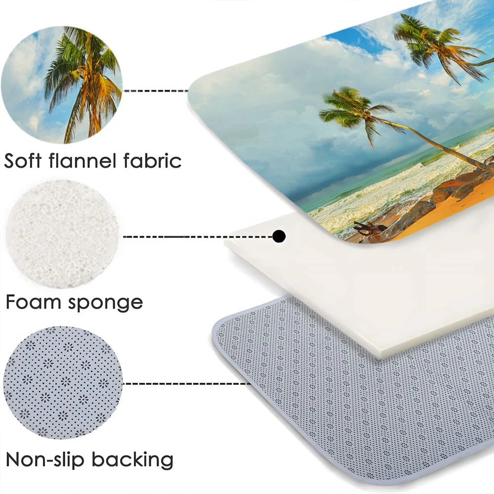 Sea Palm Tree Kitchen Floor Rug Set Sandy Natural Scenery Beach Travel Entrance Doormat Bath Mat Soft Bathroom Non-Slip Carpet