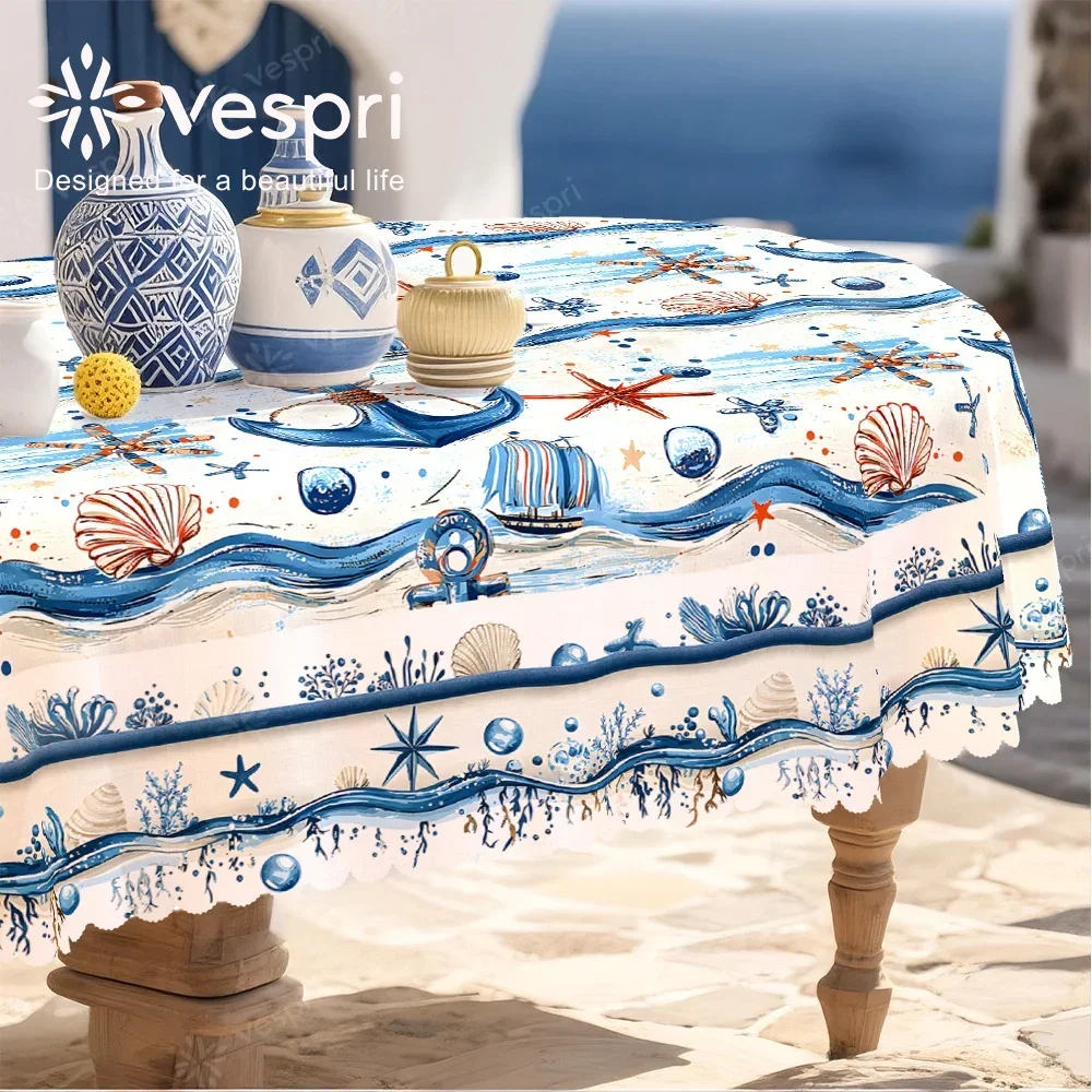 Ocean tablecloth, with white and blue decorations, featuring marine creatures, waves and ships, coastal style.yzb