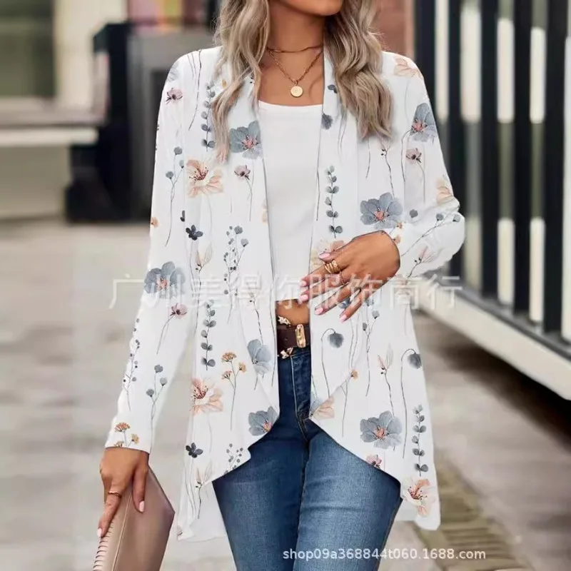 

Женские куртки с лацканами, винтажный кардиган без пряжек, с длинными рукавами и растительным принтом, тонкое пальто, повседневные свободные топы, женский плащ-накидка