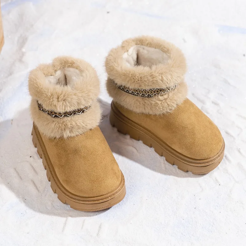 

Winter Children's Plush Ankle Boots New Causal Kids Fashion Snow Boots Soft Furry Hairy Girls Warm Cotton Boots Beige Versatile