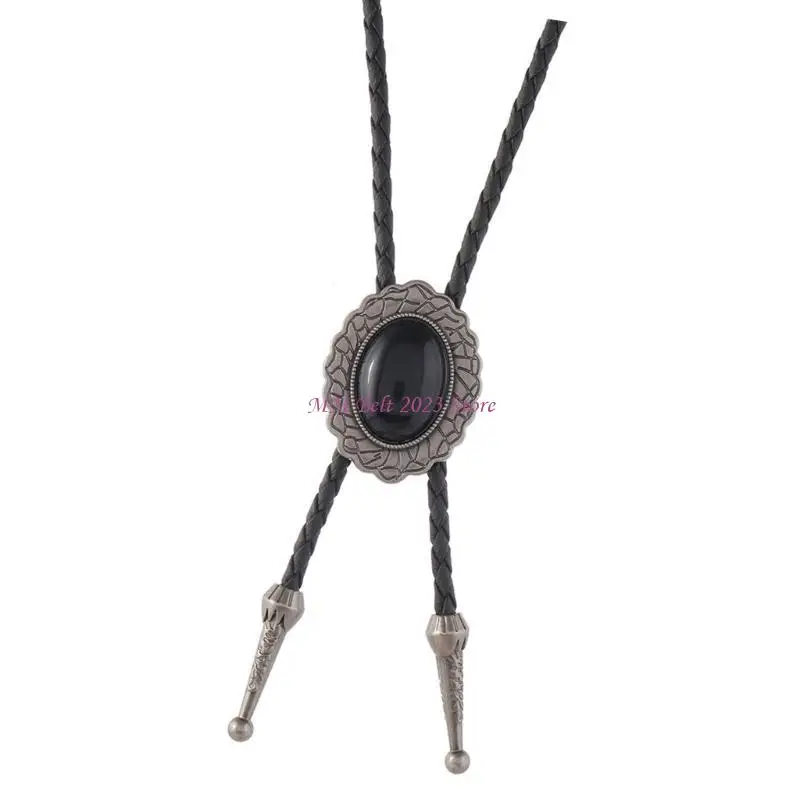 

49ME Men's Adjustable Western Bolo Tie Necklace with Antique Black Stone Pendant Charm Leather Cord Necktie Jewelry Accessory