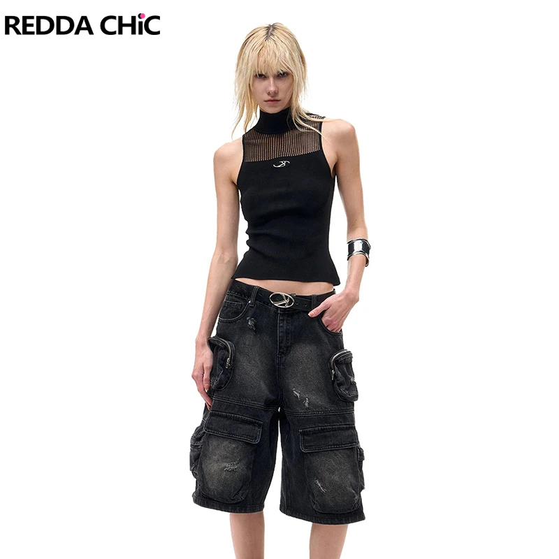 ReddaChic Women Ripped Knee Long Cargo Pants Vintage Black Multi-pocket Wide Leg Baggy Jeans Jorts Casual Acubi Fashion Clothes