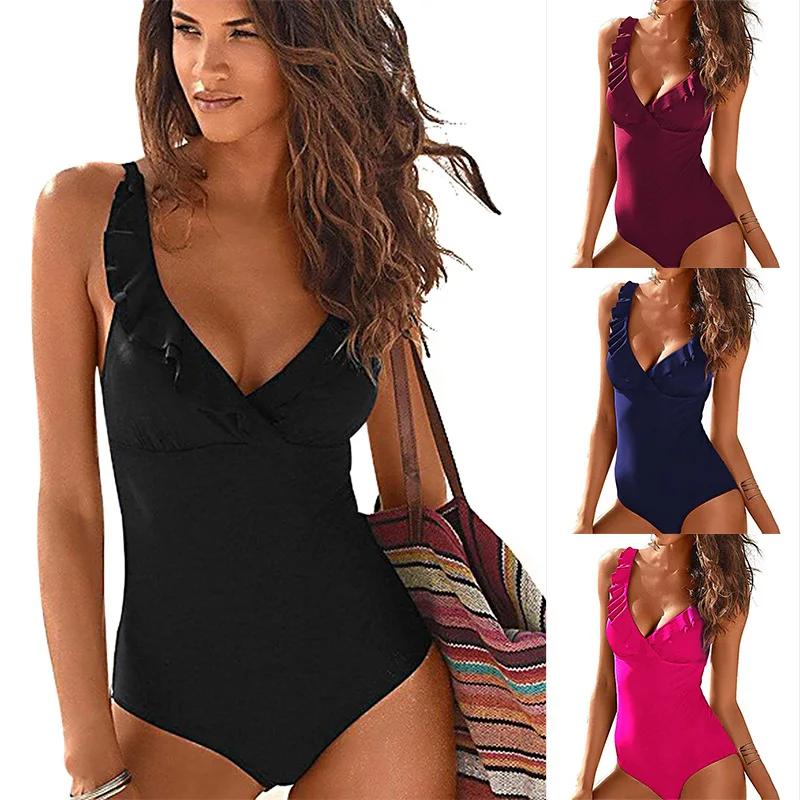 One Piece Swimwear Women Swimsuit Sexy One-piece V-neck Ruffled Closed Female Bodysuit Summer Beach Wear Bathing Suit Women Pool