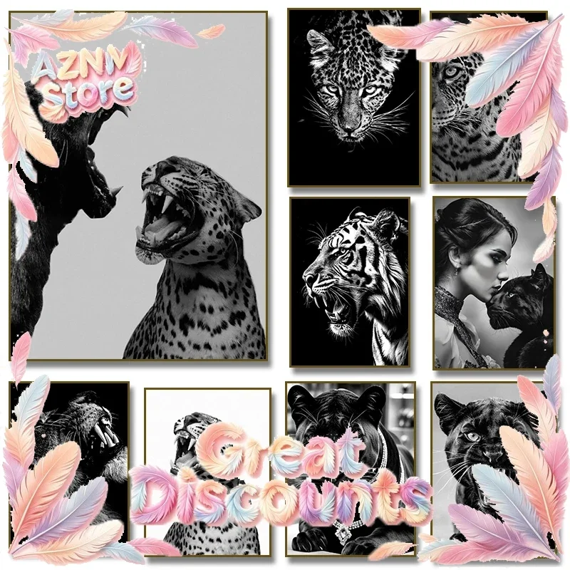 1PCS frameless Canvas paintingLuxury Black & White Tiger Panther Leopard and Jaguar Roar Poster Canvas Painting Print Wall Ar