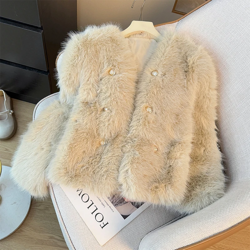 

Thicken Warm Faux Fur Coat for Women Autumn Winter Temperament Fashion Button Design Short Jacket Elegant Female Plush Outerwear