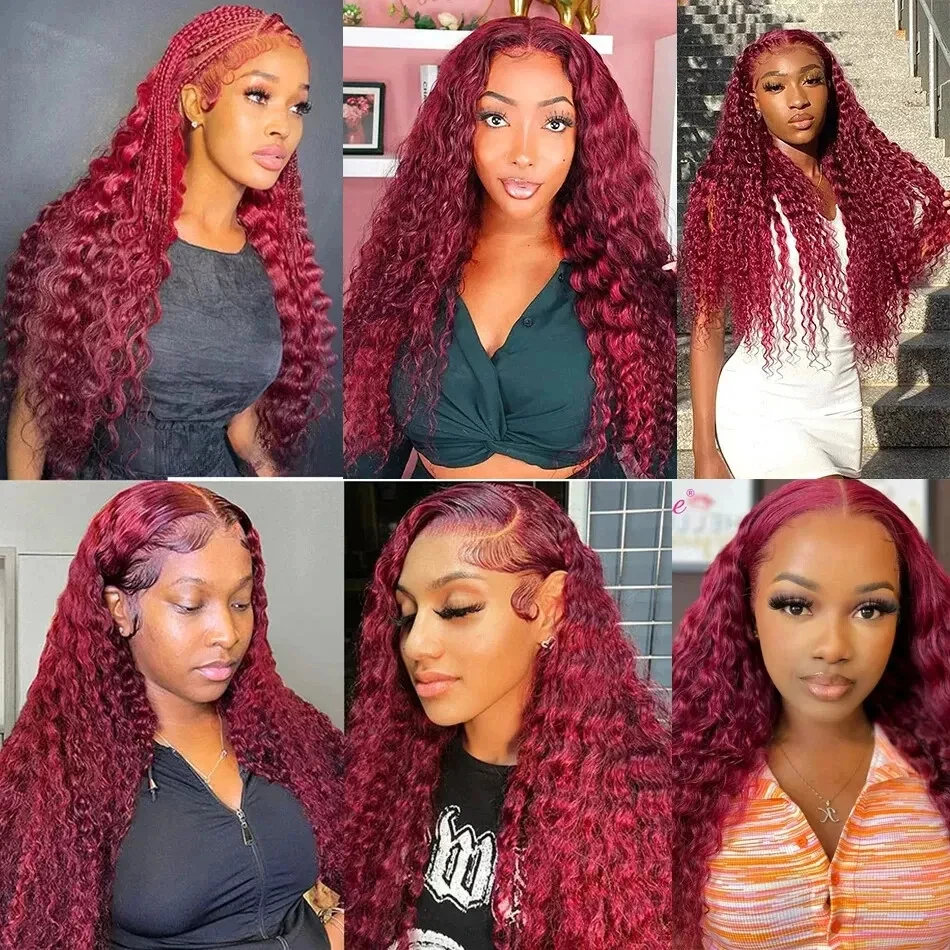 Gelombang Dalam Merah Marun 99J Warna Rambut 30 36 Inci Merah 13X6 Hd Wig Rambut Manusia Renda Depan untuk Wanita dengan Kepadatan 200 Anggur Merah Brasil