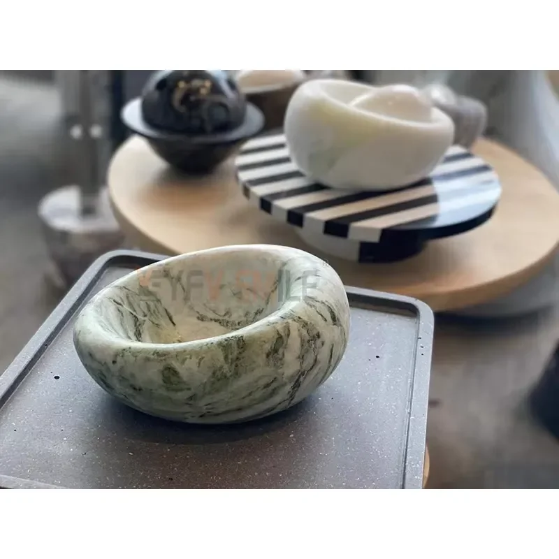 Hand Carved Natural Beige Stone Bowl Round Decorative Fruit Plate Multi Purpose Tray for Family Dining Table Kitchen Home