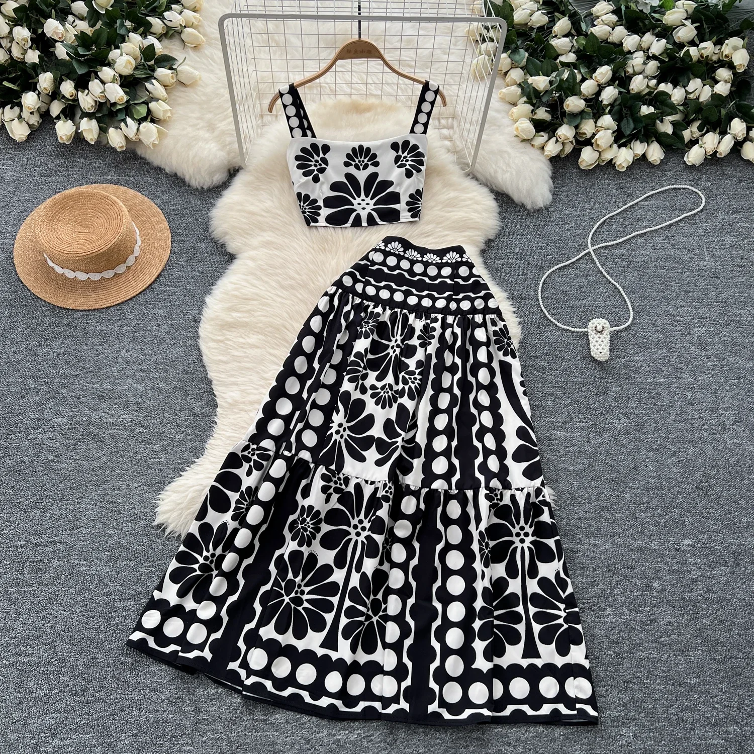 Chic Print Women Two-Piece Sets Sexy Short Straps Top and High Waist Slim A-line Skirt Korean Fashion Streetwear Summer Clothing