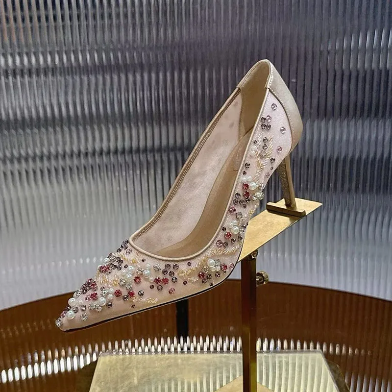 جديد المرأة سلسلة حبة ديكور رقيقة عالية الكعب Sandalias أشار تو شبكة مغلقة تو الصنادل الصيف فستان الحفلات أحذية مضخات