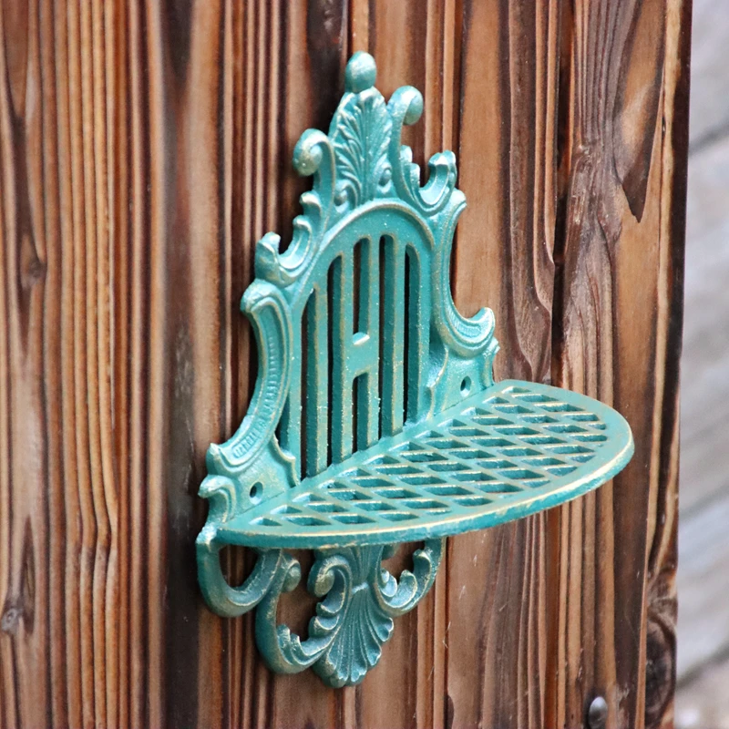 Vintage Cast Iron Wall Mounted Display Shelf In Gold Green Rustic Colors For Home Garden Planter Figurines Storage Holder Heavy 2