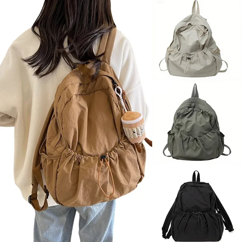 

Women's casual backpack, fashionable large-capacity pleated school bag for middle students, fabric