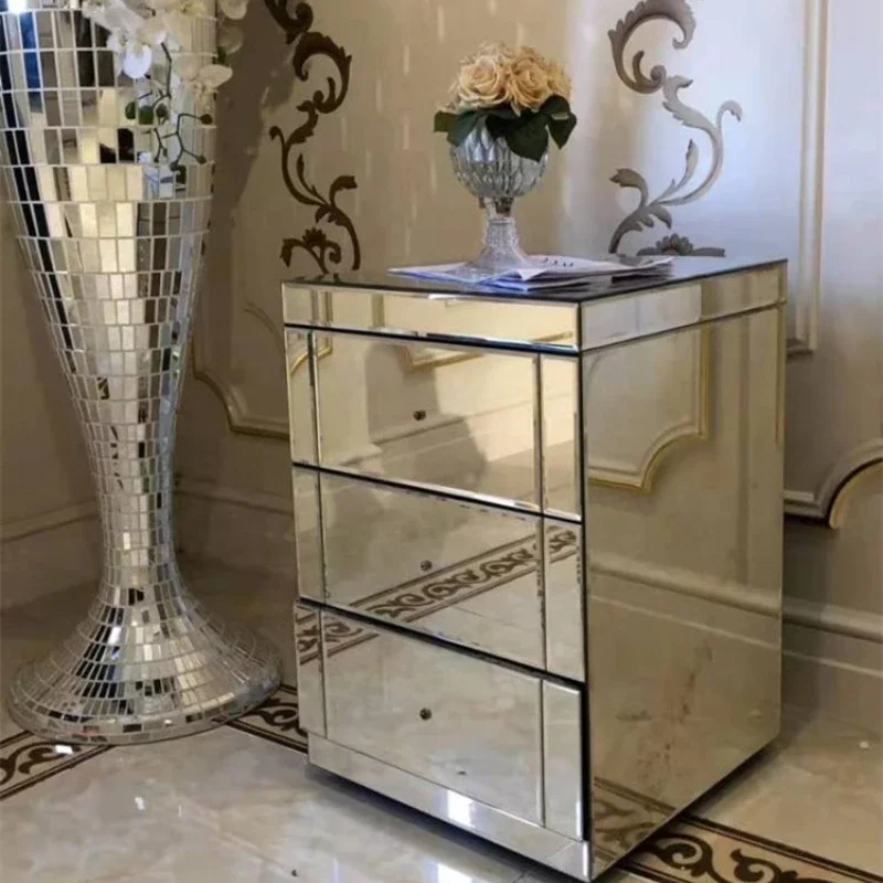 

Wholesale modern luxury silver bedside cabinet bedroom furniture diamond mirror side table with drawer cupboard