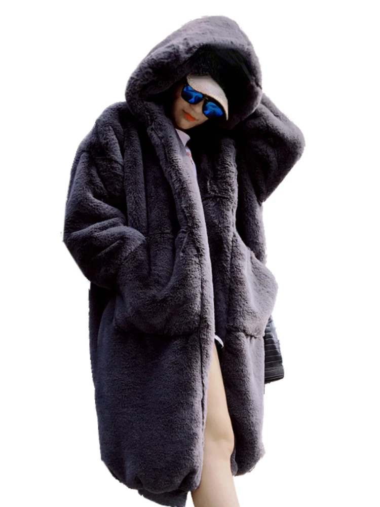 

Plush Coat Winter Warm Imitation Fur Extra Long Rex Rabbit Furry Coat Women's Clothing