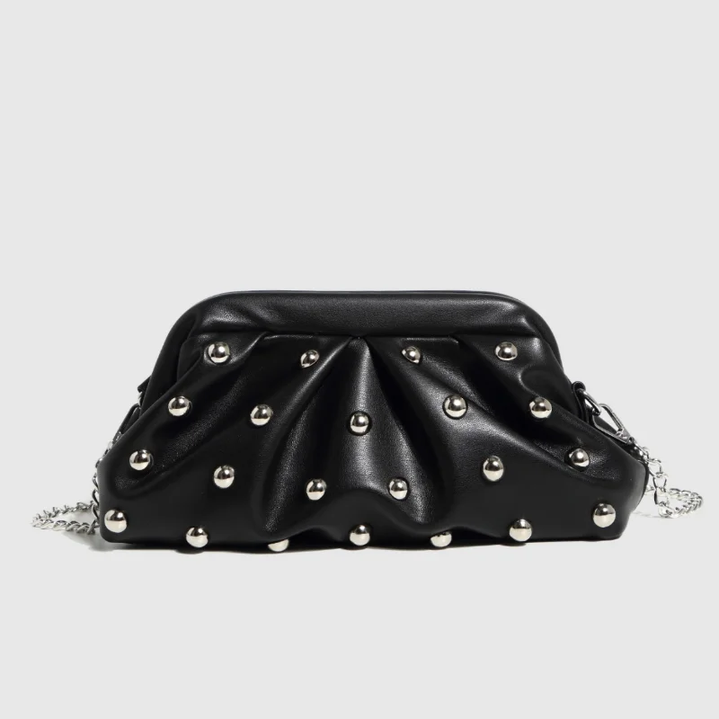 

Trendy Single-Shoulder Crossbody Clip Bag with Mushroom Studs, Chain, Clutch, Pleated Women's Bag