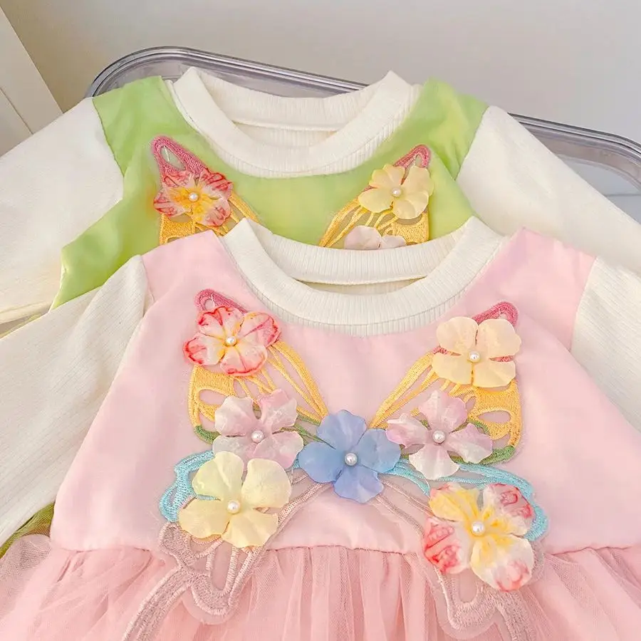 فستان عيد الميلاد للفتيات للربيع والخريف بنمط الفراشة وأكمام طويلة شبكي منفوش للفتيات فستان بناتي لطيف وبسيط #3