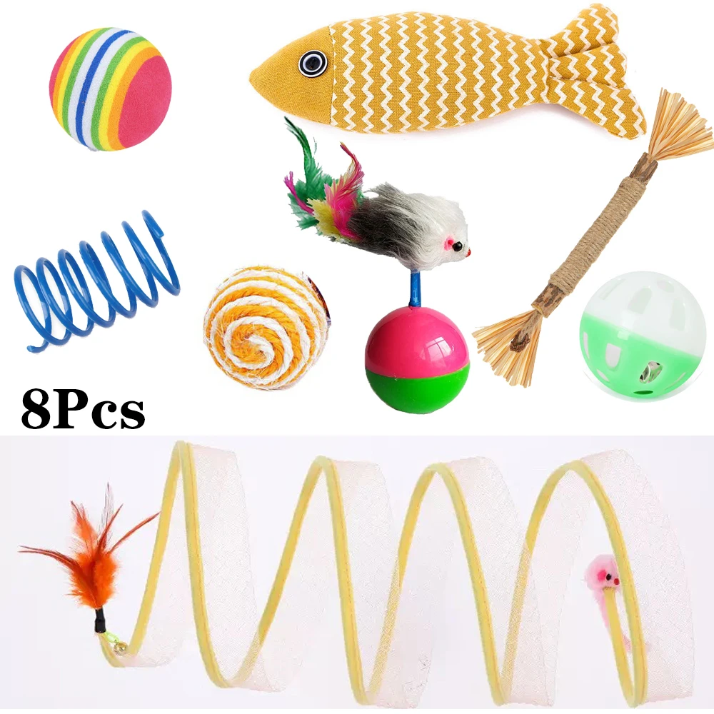 8Pcs Set Pet Training Kitten Cat Tunnel Interactive Cat Toy Mouse Tumbler Catnip Fish Coil Bell Sisal Chew Stick Cat Accessories