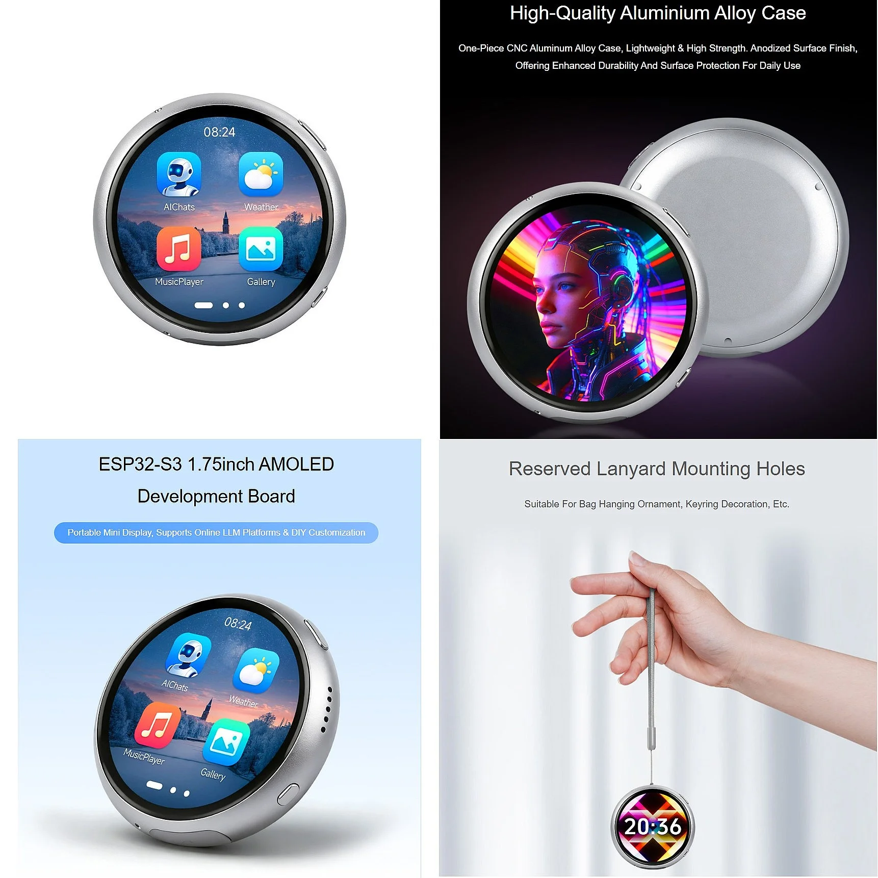 ESP32-S3 1.75-inch AMOLED round touch display AI chat development board, aluminum alloy shell, onboard dual microphone array