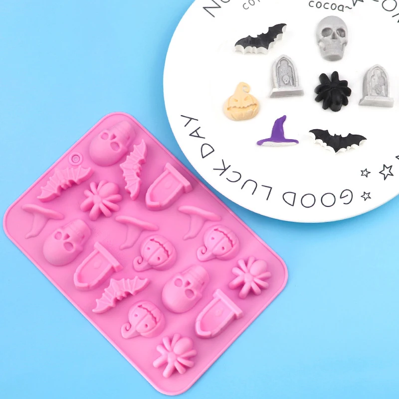 1Pc 18Cavities Halloween Silicone Molds Ghost Pumpkin Bat Skull Witch Hat For DIY Halloween Chocolate Candy Baking Mold