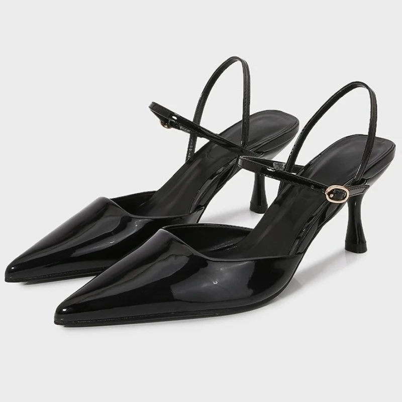

Patent Leather Pointed Toe Heels Sandals Women Pumps Balck Fashion Slingback High Heels Comfort Mules Elegant Office Shoes