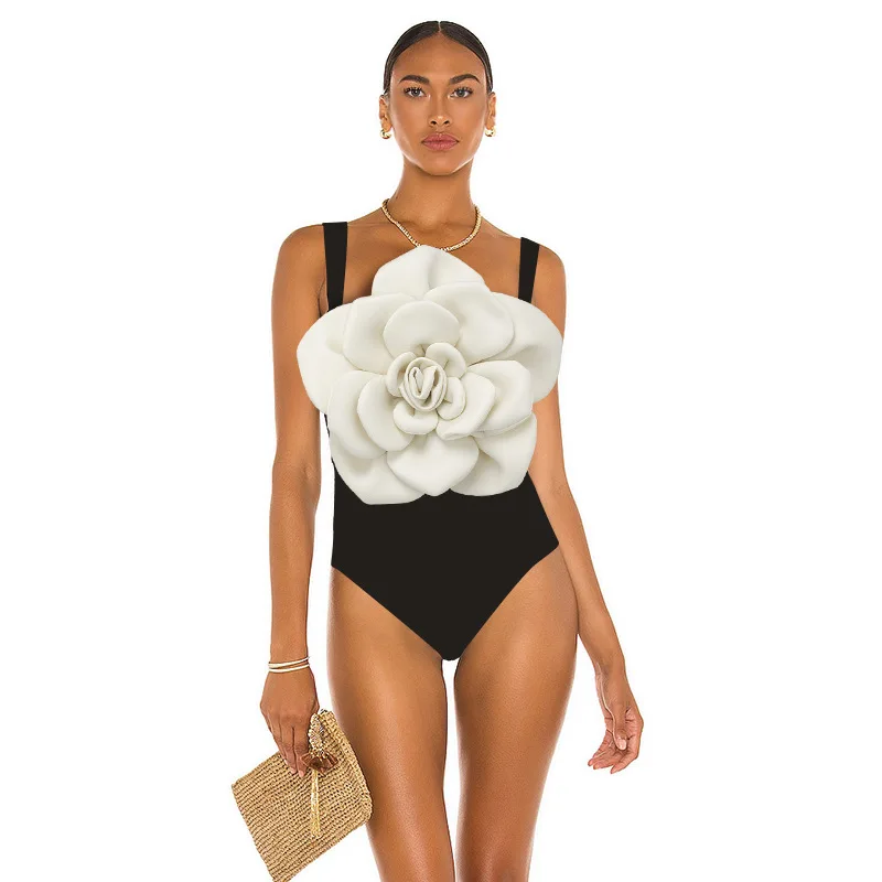 Women's Big Flower Decoration Solid Two-Piece Swimsuit Bodysuit Bikini Set Beach Style Maxi Dress Skirt Swimwear
