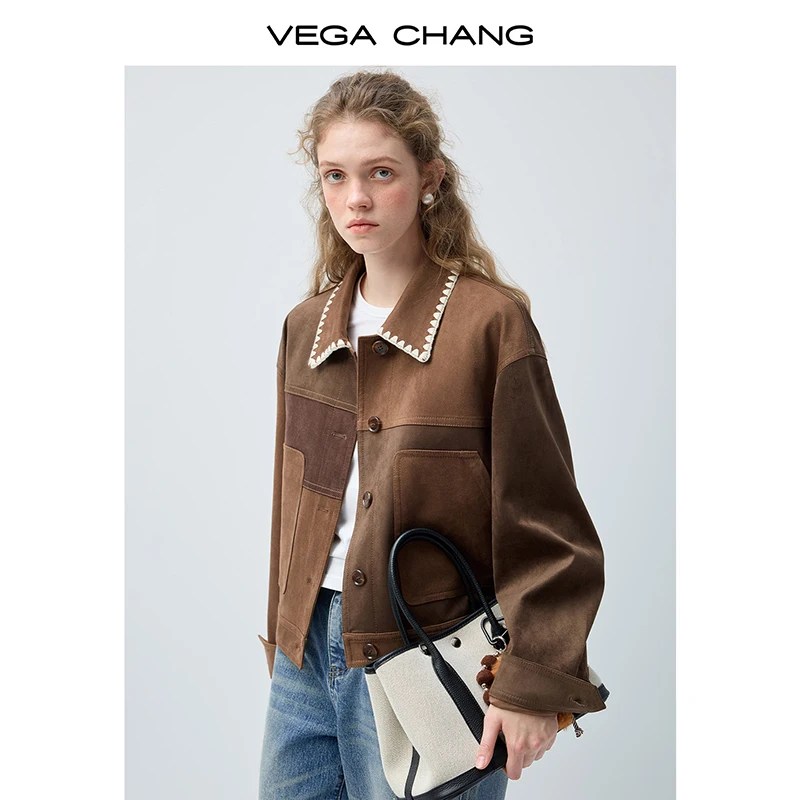 Vega Chang Spring and Autumn New Women's Patchwork Faux Suede Versatile Short Jacket