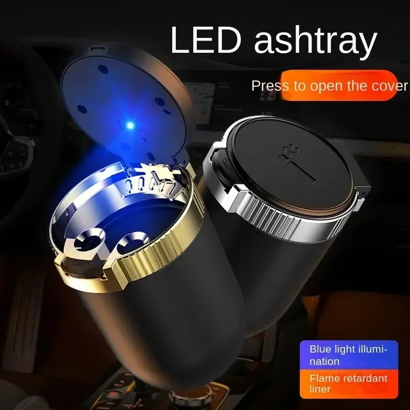 Luxury Car Ashtray Portable Automotive Smell Proof with Lid LED Blue Light Trash Can Single Holder Black Golden Red view 3